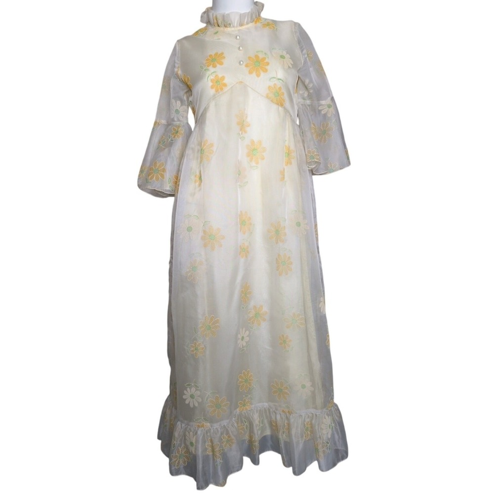 Vintage 70s Yellow Daisy Print Maxi Dress XS Bell Sleeve Boho Cottagecore Union - Picture 2 of 8